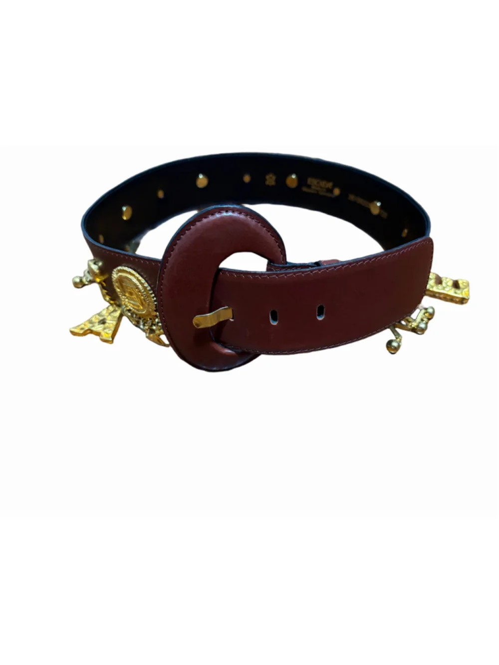 Vintage Escada Brown Leather Belt Gold Letter Charms Buckle Sz 36 Germany